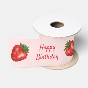 Ruban En Satin Fruits De Fraise Sur Rose Avec Texte Personnalisé