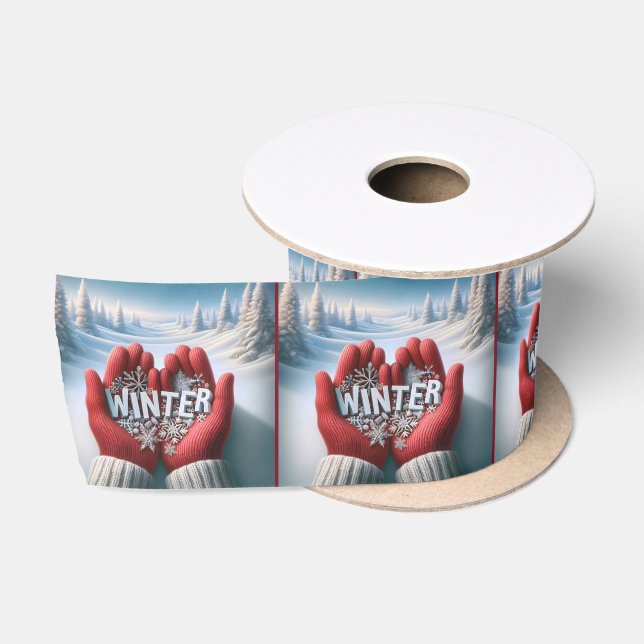 Ruban En Satin Gants D'Hiver Rouges Avec Flammes De Neige (Bobine)