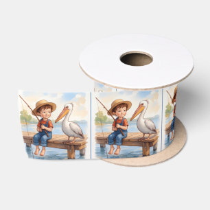 Ruban En Satin Garçon pêchant sur un quai avec un pélican