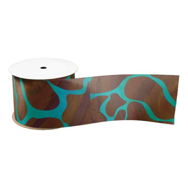 Ruban En Satin Giraffe Impression Brown et Turquoise (Bobine)