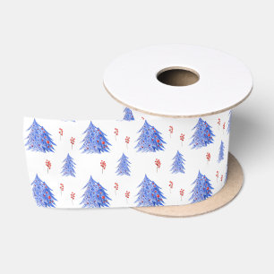 Ruban En Satin Glace Hiver Bleu Arbre Holly Berries Blanc Noël