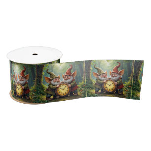 Ruban En Satin Gnomes Forestiers Avec Ancienne Horloge