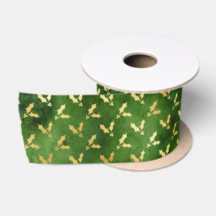 Ruban En Satin Gold Christmas Holly sur Green