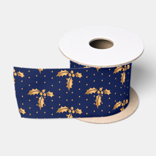 Ruban En Satin Gold et Navy Blue Christmas Holly