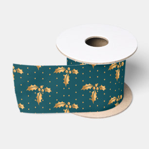 Ruban En Satin Gold et Turquoise Blue Christmas Holly