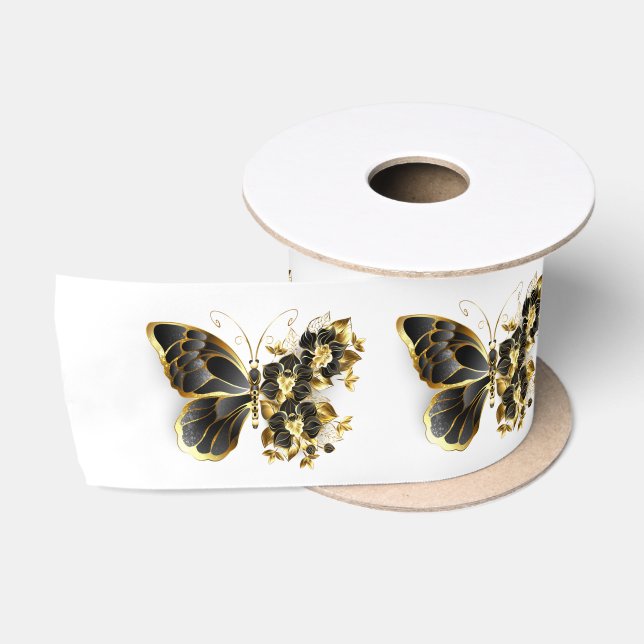 Ruban En Satin Gold flower Butterfly with Black Orchid (Bobine)