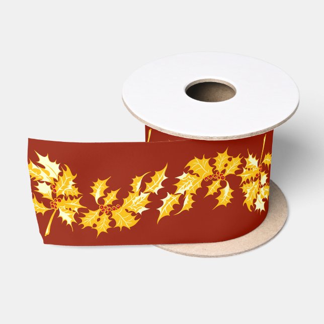 Ruban En Satin Gold Holly sur Red (Bobine)