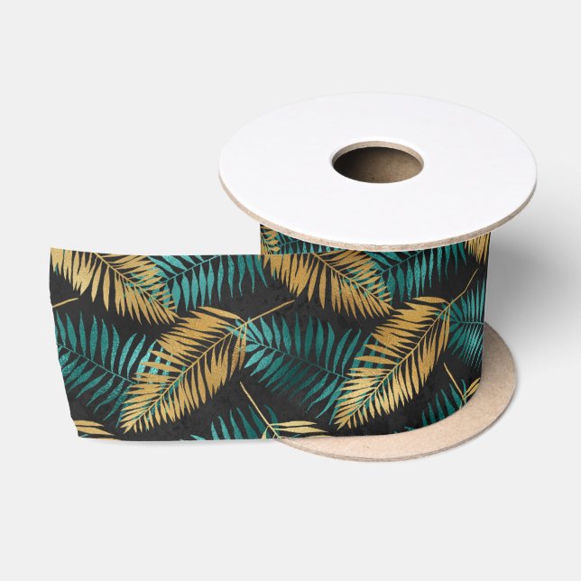 Ruban En Satin Gold Teal Palm Leaves | Luxe Tropical Pattern (Bobine)