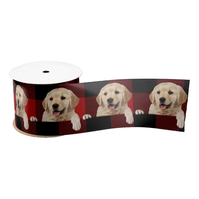 Ruban En Satin Golden Retriever on Buffalo Plaid Satin Ribbon (Bobine)