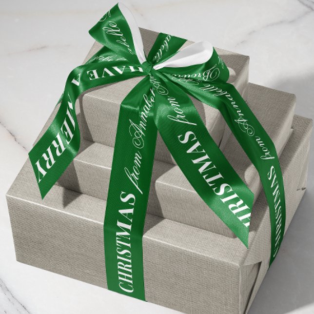 Ruban En Satin Green and White Mixed Font Merry Christmas Gift (custom Merry Christmas gift satin ribbon with personalized name text in white)