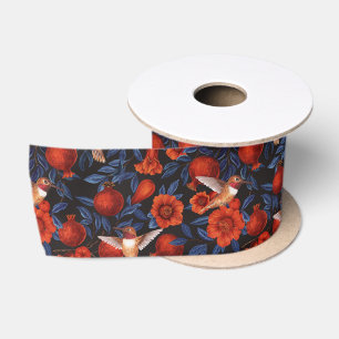 Ruban En Satin Grenade et colibris/feuilles bleus sur noir
