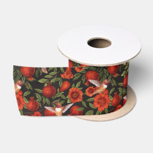 Ruban En Satin Grenades et colibris/feuilles verts en noir