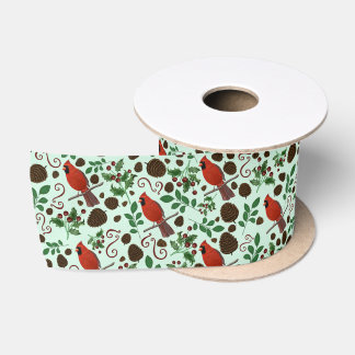 Ruban En Satin Hand-Drawn Cardinals & Greenery | Christmas Ribbon