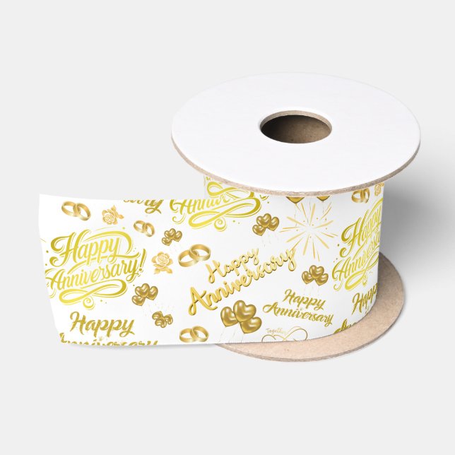 Ruban En Satin Happy Anniversary  Elegant Gold Text (Bobine)