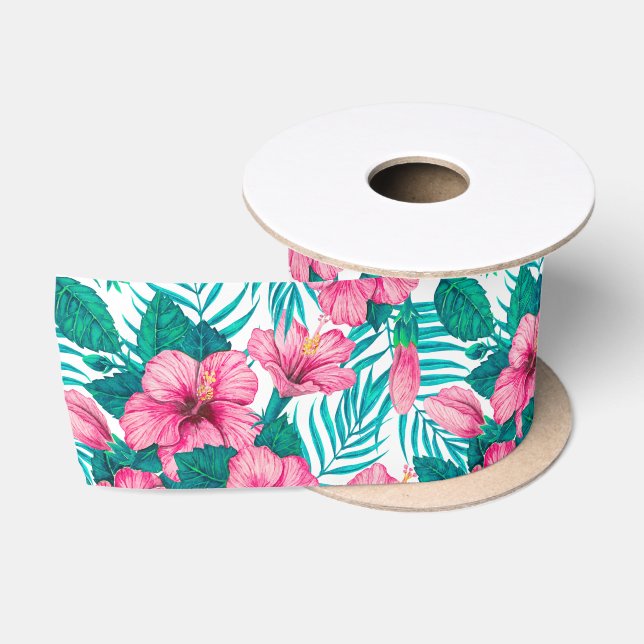 Ruban En Satin Hibiscus et palmiers feuilles (Bobine)
