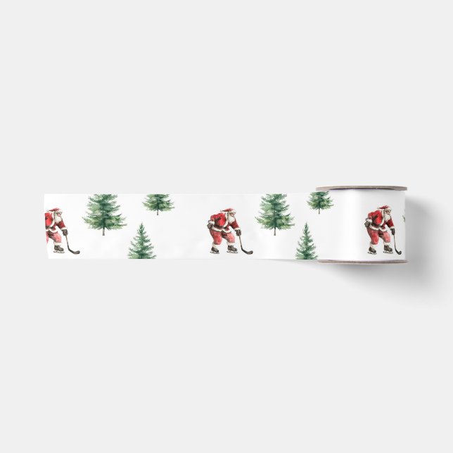 Ruban En Satin Hockey Père Noël et Pins Enveloppement de Noël (Devant)