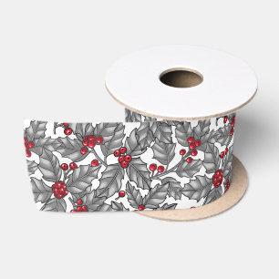 Ruban En Satin Holly berry, gray leaves on white