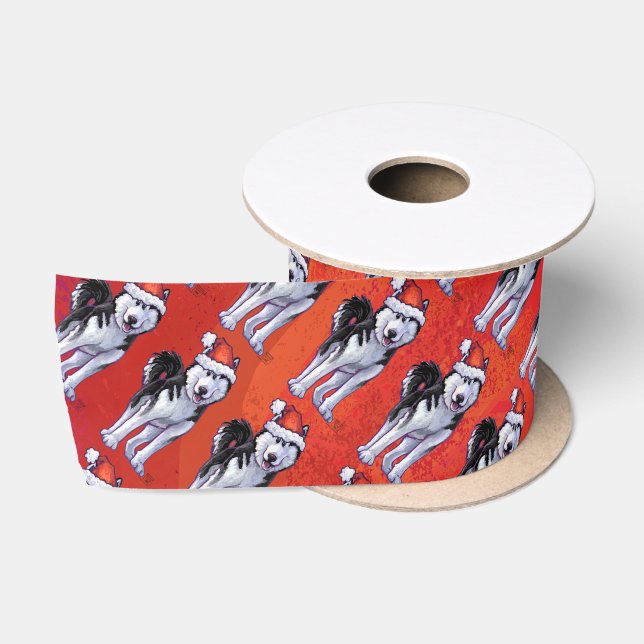Ruban En Satin Husky à Santa Hat Sur Rouge (Bobine)