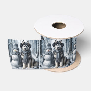 Ruban En Satin Husky Sibérien Avec Snowman
