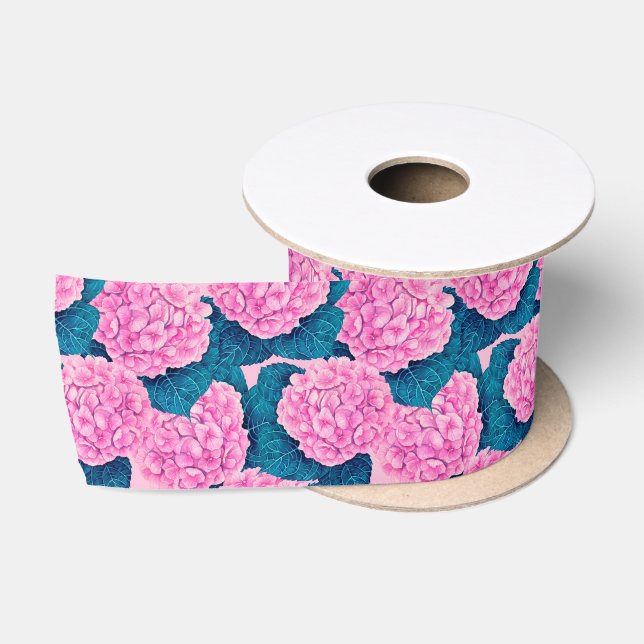 Ruban En Satin Hydrangea aquarelle motif, rose et bleu (Bobine)