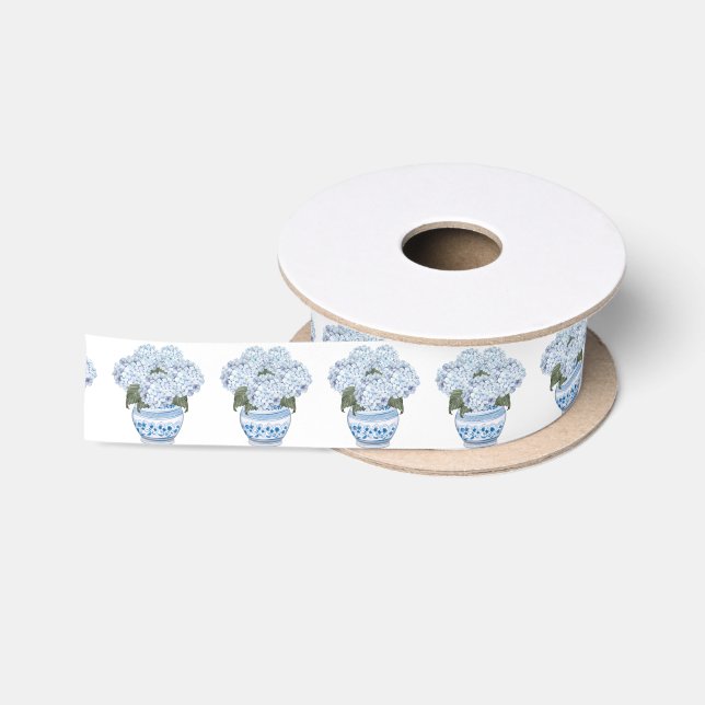 Ruban En Satin Hydrangées bleues en Chinoiserie Pot (Bobine)
