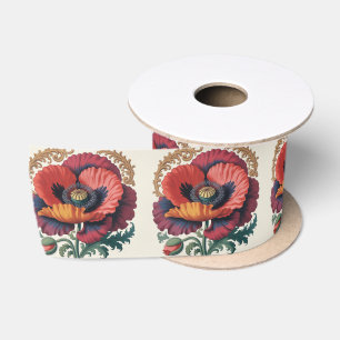 Ruban En Satin Illustration Florale Vintage Ornée aux Coquelicots