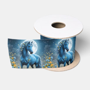 Ruban En Satin Imaginaire Bleu Magique Cheval Lune Fleurs,
