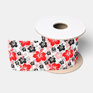 Ruban En Satin Imprimé floral d'Hibiscus Tropical Rouge Noir 