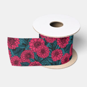 Ruban En Satin Jardin de Dahlia Rouge/feuilles bleus