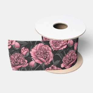 Ruban En Satin Jardin de pivoine nocturne rose et gris