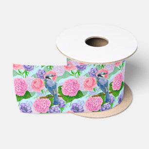 Ruban En Satin Jay bleu et fleurs motif aquarelle