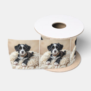 Ruban En Satin Joli chiot sur un Coussin à fourrure