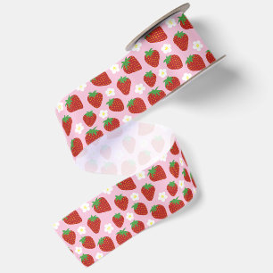 Ruban En Satin Joli motif de fraise sur fond rose