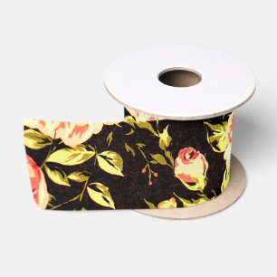 Ruban En Satin Joli motif floral rose rose rose, fleurs jaunes