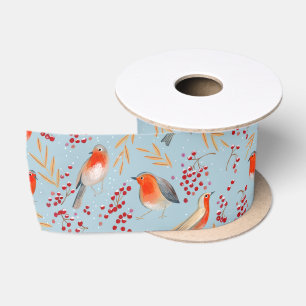 Ruban En Satin Joli Rougegorge Bleu Motif Noël Hiver
