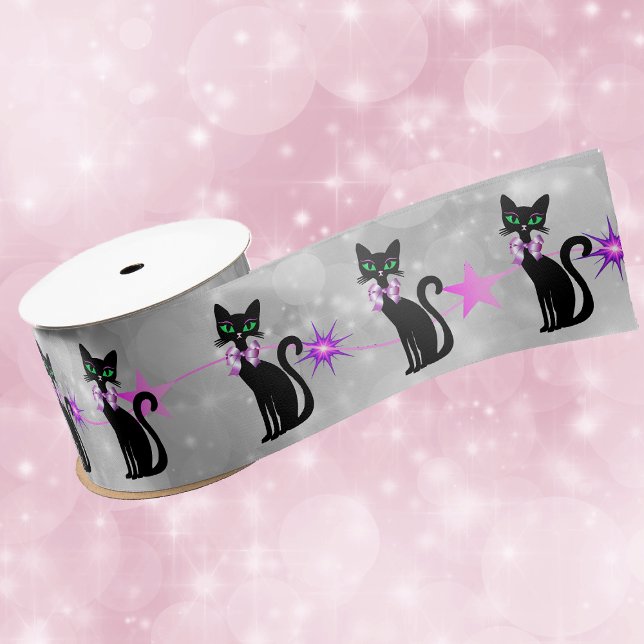Ruban En Satin Jolie Chats noirs Vaches roses Étoiles sur Cercles (Pretty black cats green eyes pink bows stars on grey white gift wrap ribbon.)