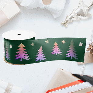 Ruban En Satin Jolis arbres roses verts Noël d'hiver