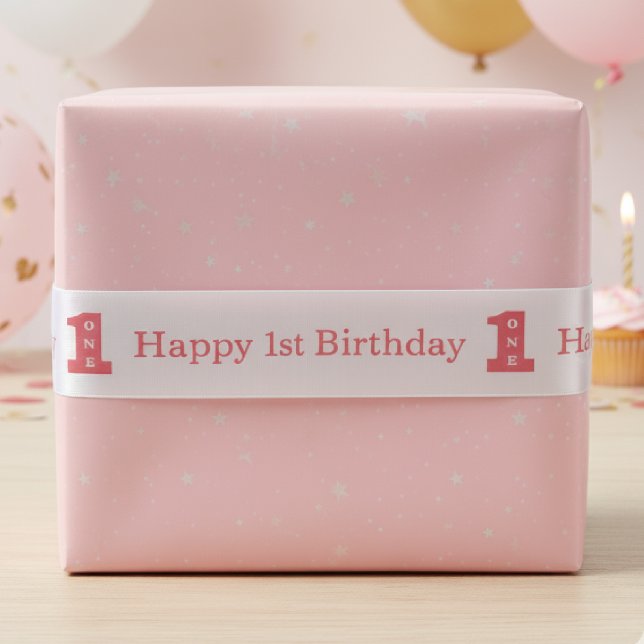 Ruban En Satin Joyeuse 1ère fête d'anniversaire filles rose un (Happy 1st Birthday Party Girls Pink One Satin Ribbon
)
