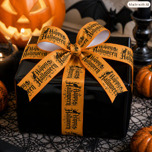 Ruban En Satin Joyeuse typographie Halloween orange et noir 