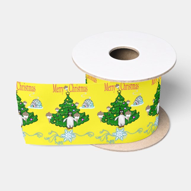 Ruban En Satin Joyeuses Fêtes, Joy Joyeux Pingouin de Noël (Bobine)