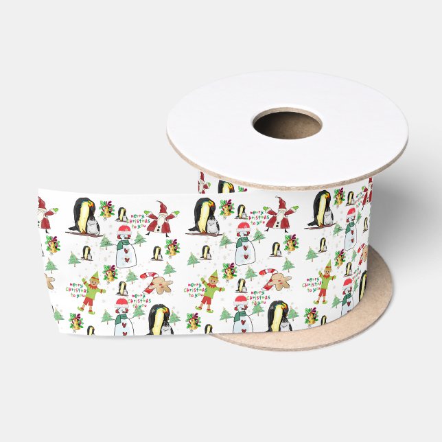Ruban En Satin Joyeuses Fêtes, Joy Joyeux Pingouin de Noël (Bobine)