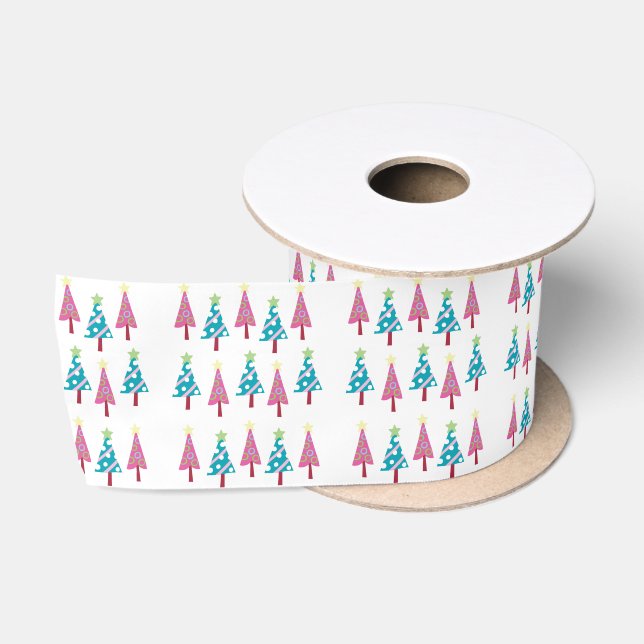 Ruban En Satin Joyeuses Fêtes, Joyeux arbres de Noël Blanc (Bobine)