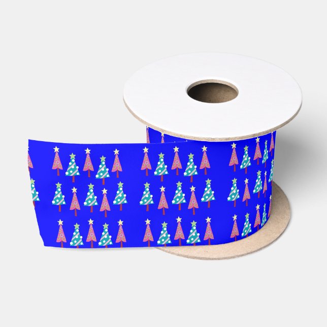 Ruban En Satin Joyeuses Fêtes, Joyeux arbres de Noël Bleu (Bobine)
