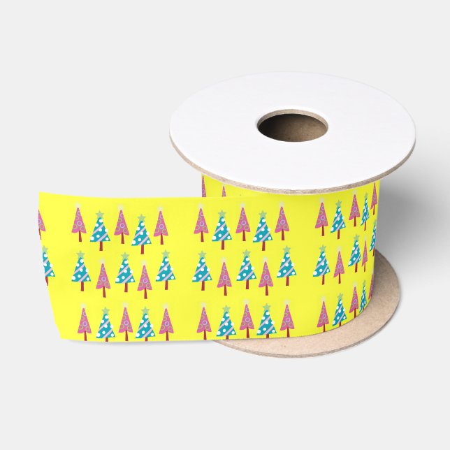 Ruban En Satin Joyeuses Fêtes, Joyeux arbres de Noël Jaune (Bobine)