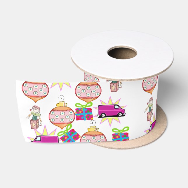 Ruban En Satin Joyeuses Fêtes, Pink Joyeux ruban de Noël (Bobine)