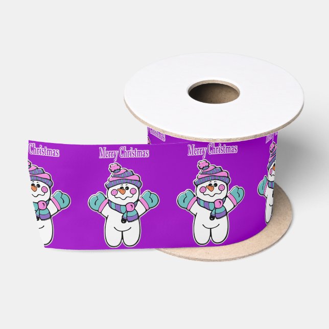 Ruban En Satin Joyeuses Fêtes, Snowman Joyeux Noël pourpre (Bobine)