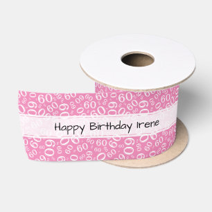 Ruban En Satin Joyeux Anniversaire 60 Motif Numérique Rose/Blanc
