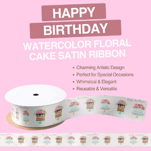 Ruban En Satin Joyeux Anniversaire Gâteau Floral Aquarelle