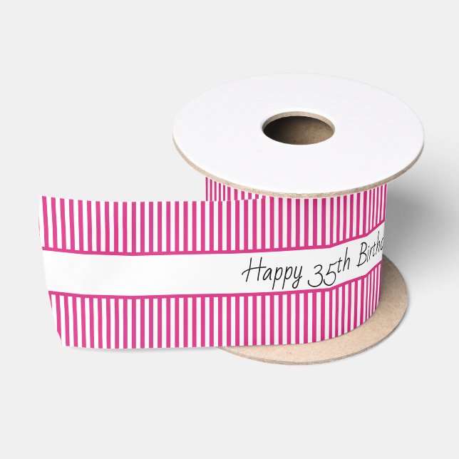 Ruban En Satin Joyeux anniversaire motif fuchsia/blanc de rayure (Bobine)