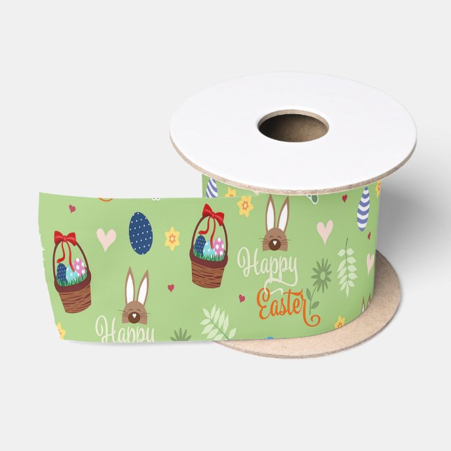 Ruban En Satin Joyeux motif vert de Pâques (Bobine)
